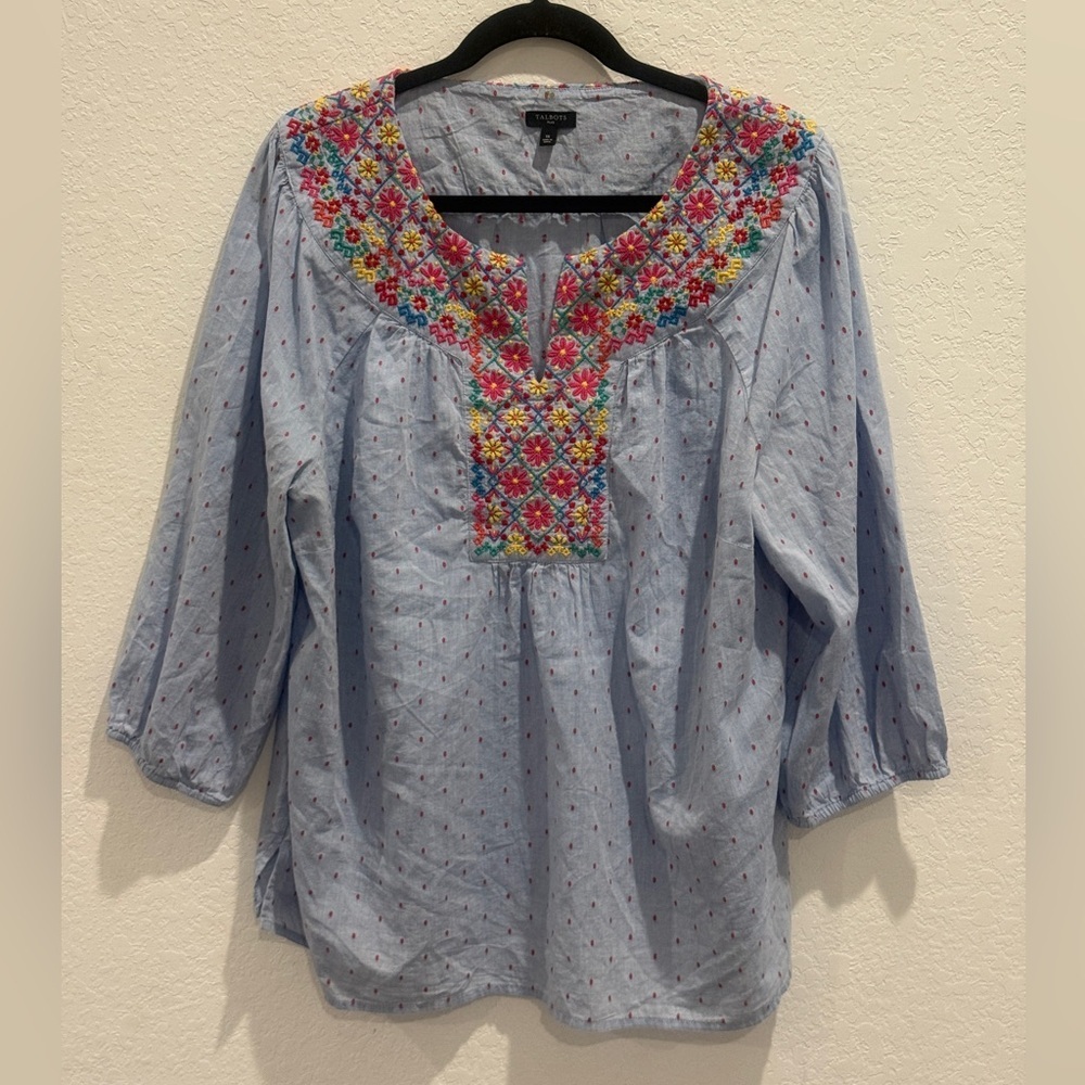 Talbots Light Blue Blouse with Multicolor Embroidery